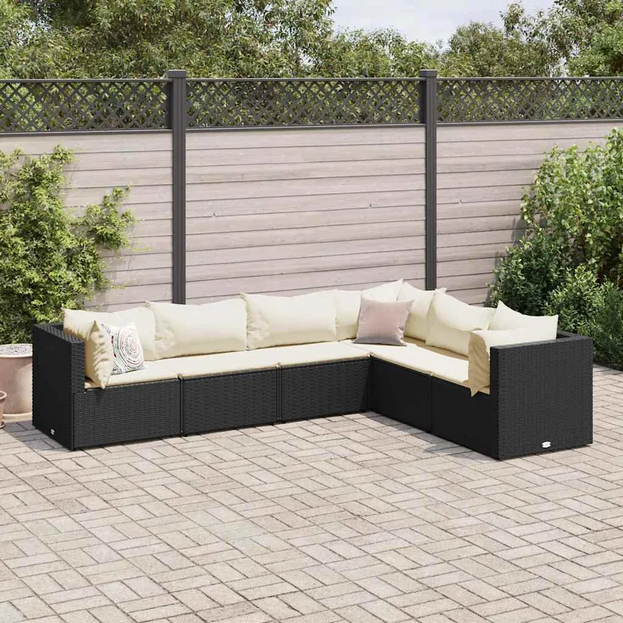 Salon de jardin 6 pcs avec coussins Noir Résine tressée
