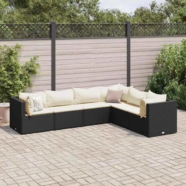 Salon de jardin 6 pcs avec coussins Noir Résine tressée