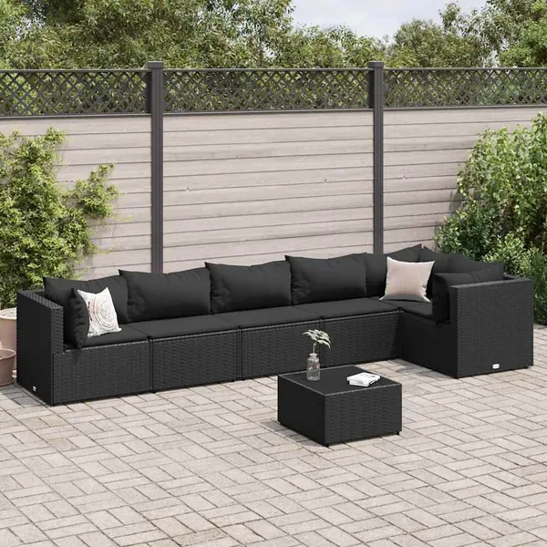 Salon de jardin 7 pcs avec coussins Noir Résine tressée 63 x 63 x 57,5 cm - 48,9 kg