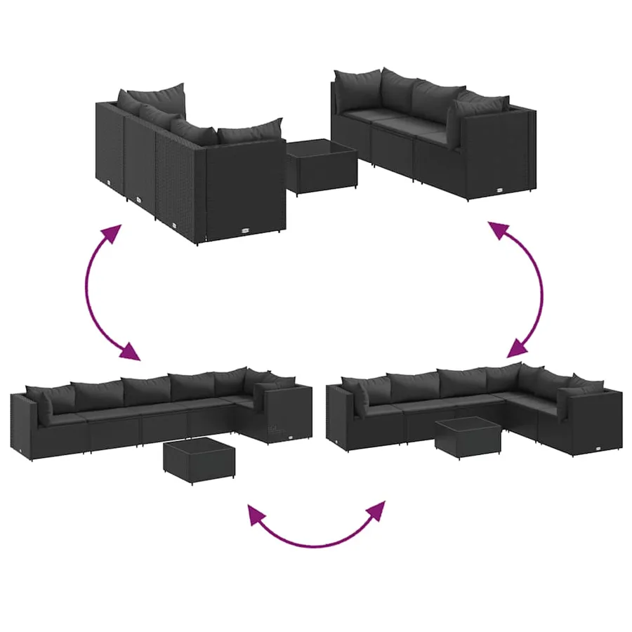 Salon de jardin 7 pcs avec coussins Noir Résine tressée 63 x 63 x 57,5 cm - 48,9 kg - 6
