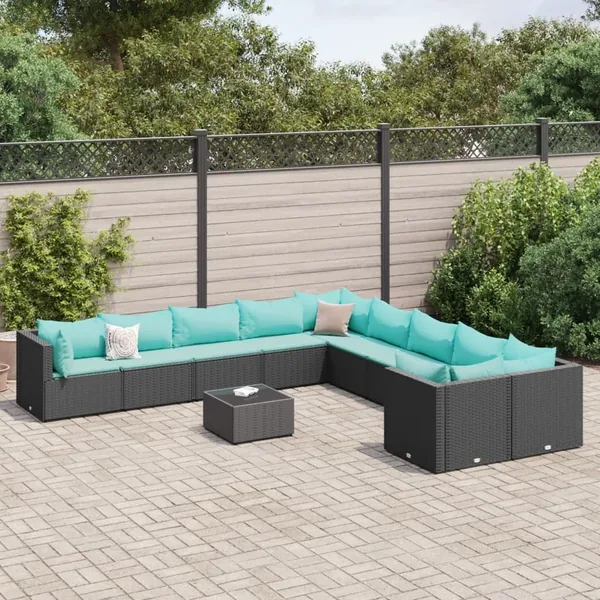 Salon de jardin 11 pcs avec coussins noir résine tressée