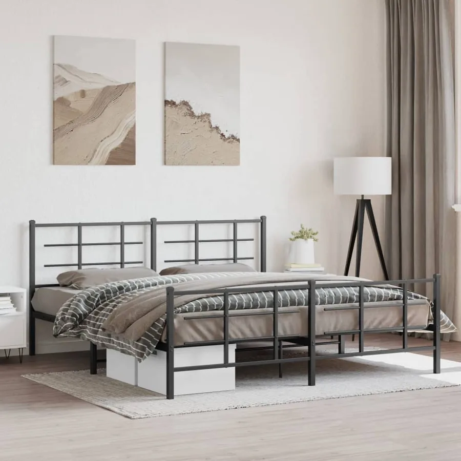 Cadre de lit métal sans matelas avec pied de lit noir 183x213cm