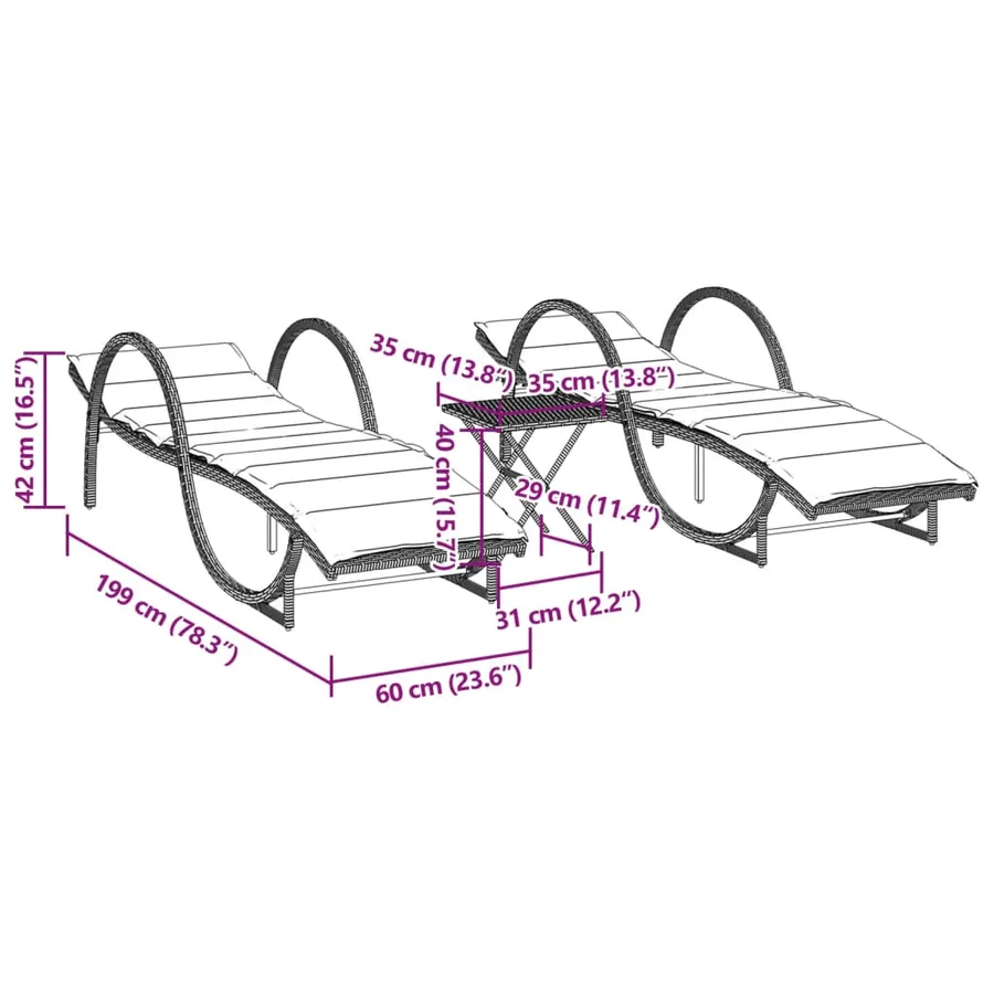 Chaises longues lot de 2 avec table beige résine tressée - 13