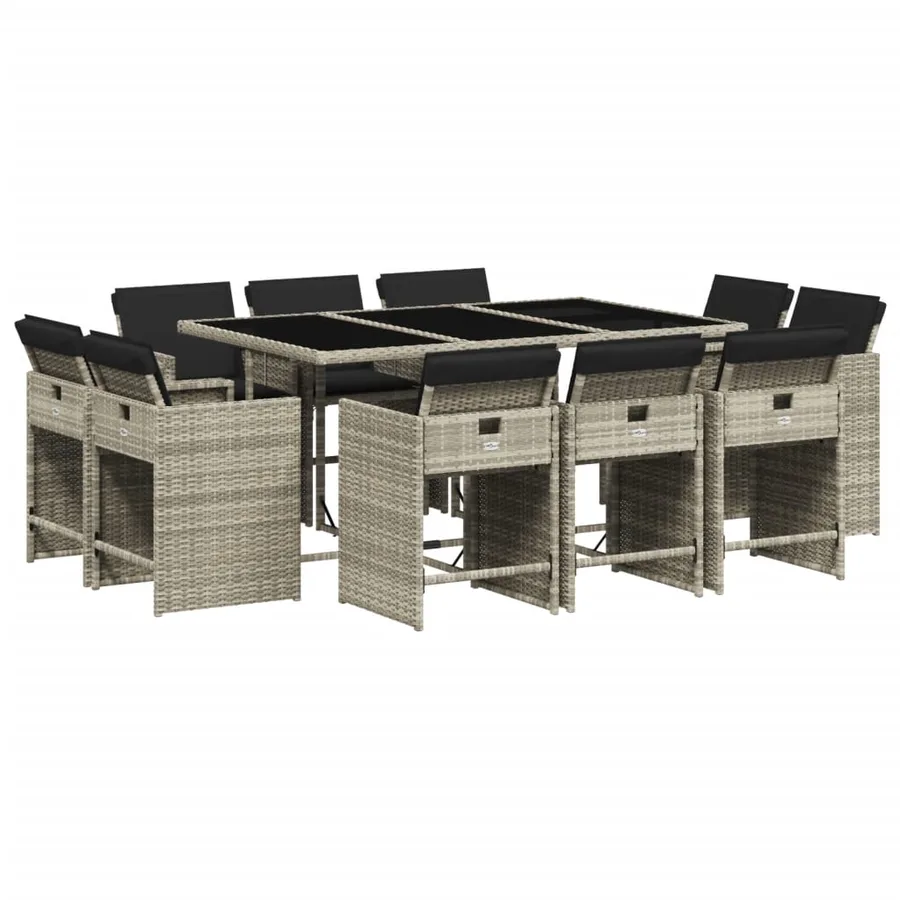 Ensemble à manger de jardin 11pcs avec coussins gris poly rotin - 2