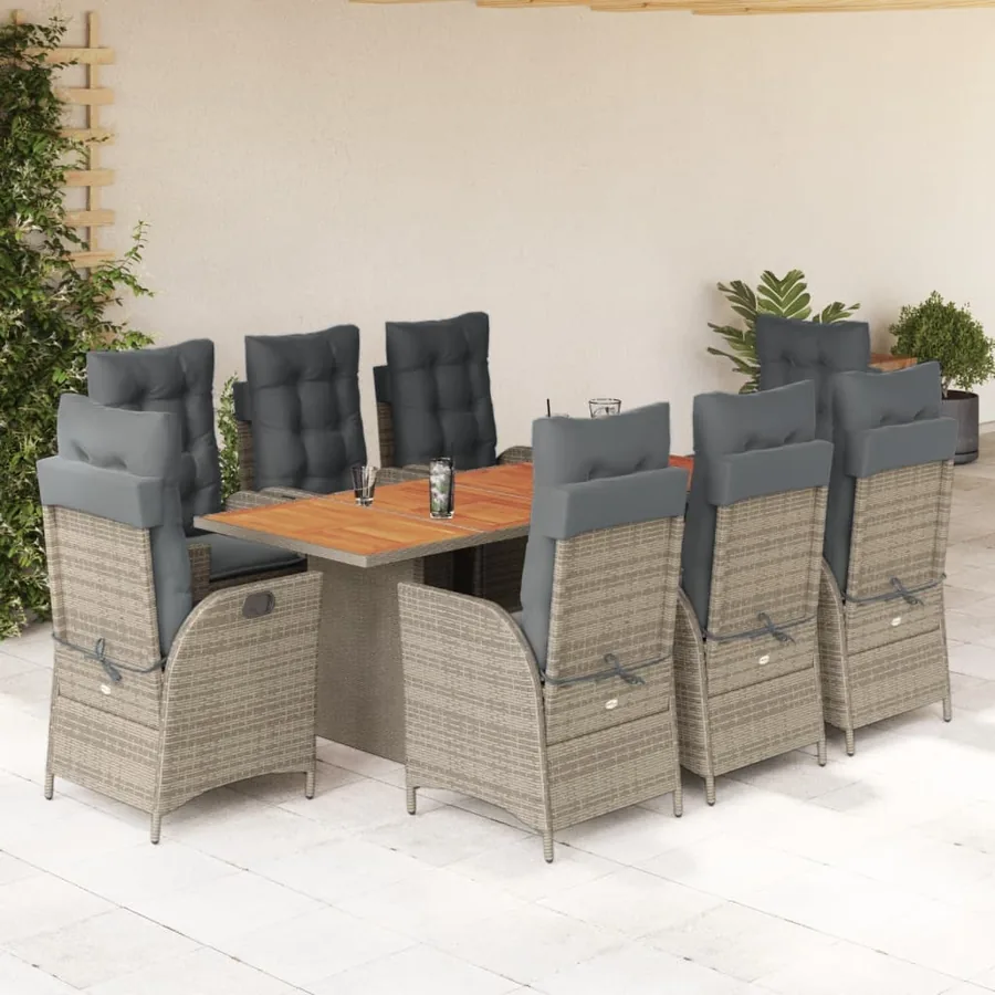 Ensemble à manger de jardin 9 pcs coussins gris résine tressée