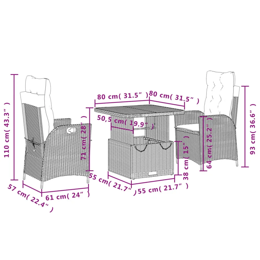 Ensemble à manger de jardin et coussins 3 pcs Beige poly rotin - 8