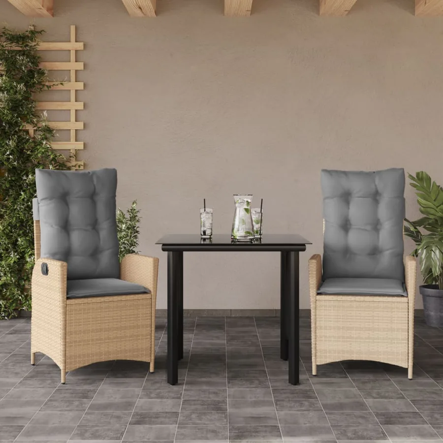 Ensemble à manger de jardin et coussins 3 pcs Beige poly rotin