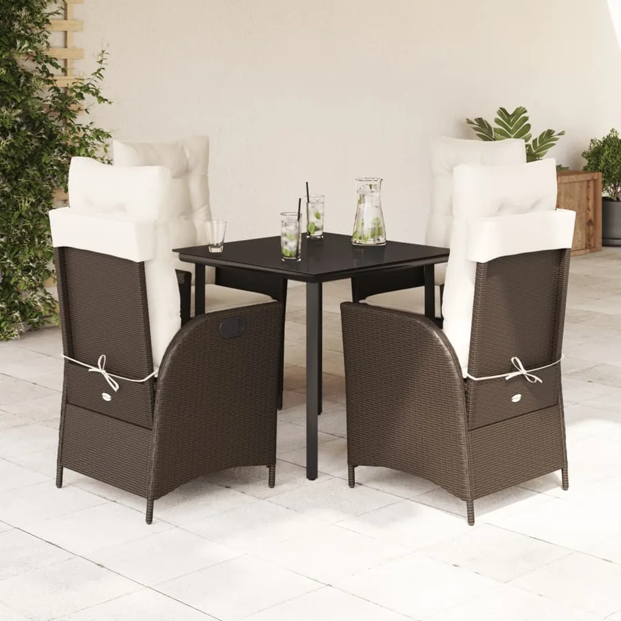 Ensemble à manger de jardin 5 pcs et coussins marron poly rotin