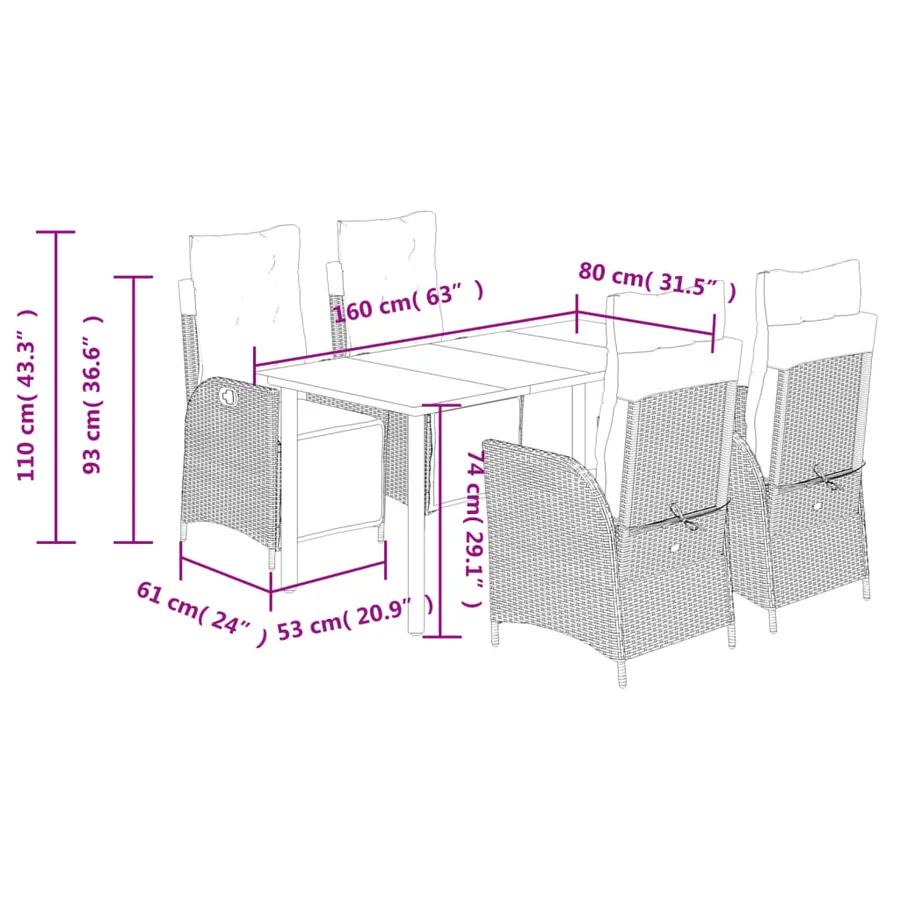 Ensemble à manger de jardin avec coussins 5pcs Beige poly rotin - 9