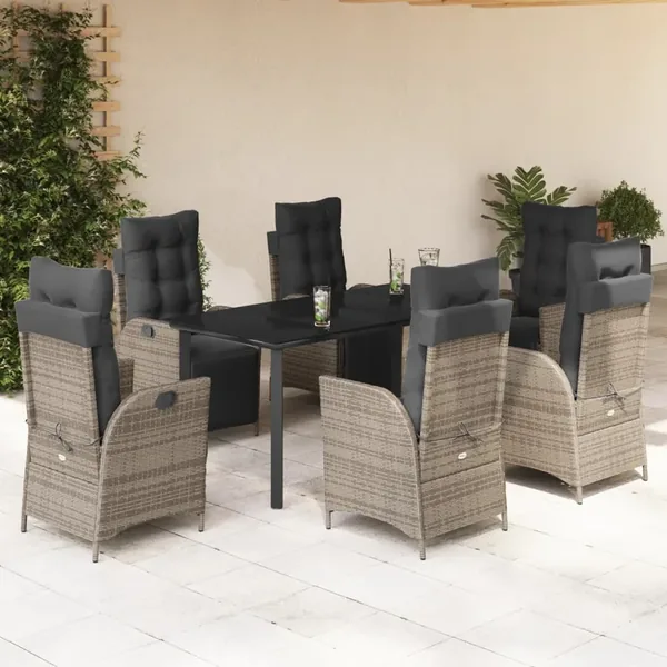 Ensemble à manger de jardin et coussins 7 pcs gris rotin