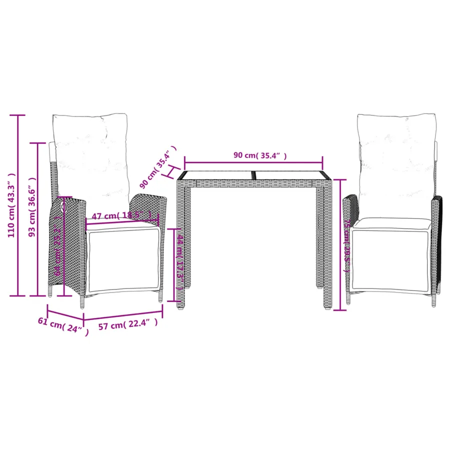 Ensemble à manger de jardin avec coussins 3 pcs Noir - 9