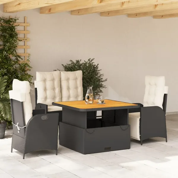 Ensemble à manger de jardin 4 pcs avec coussins noir