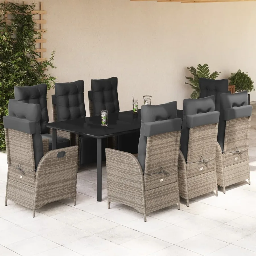 Ensemble à manger de jardin 9 pcs coussins gris résine tressée