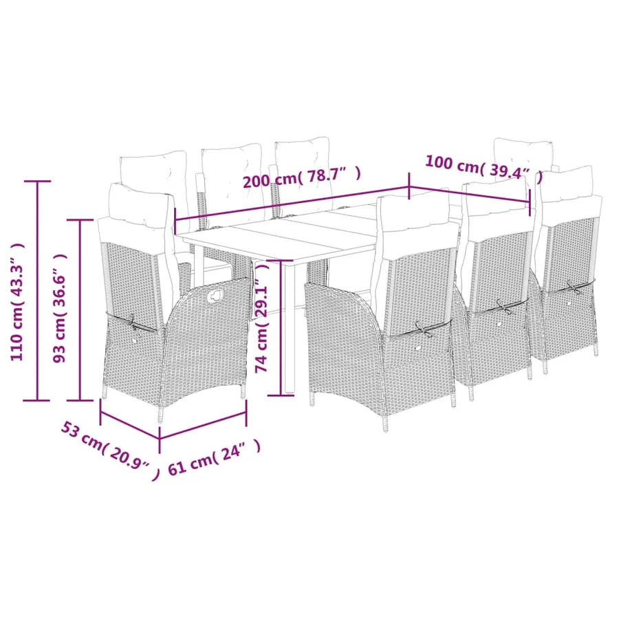 Ensemble à manger de jardin 9 pcs coussins gris résine tressée - 9
