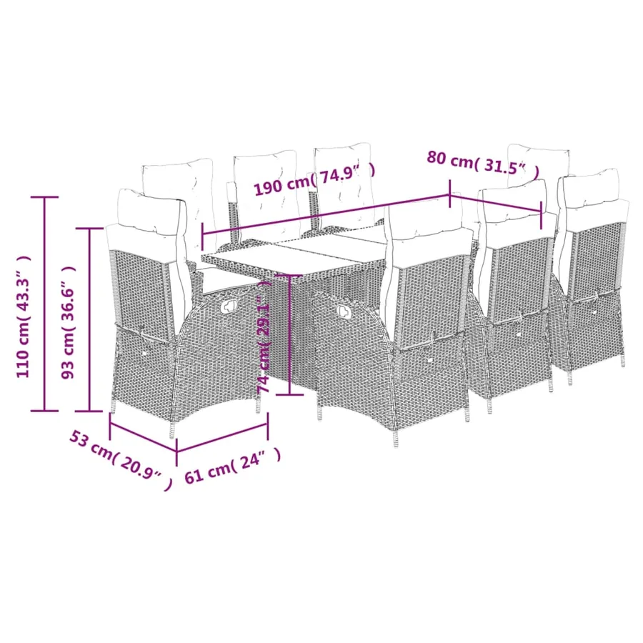 Ensemble à manger de jardin et coussins 9 pcs marron poly rotin - 12