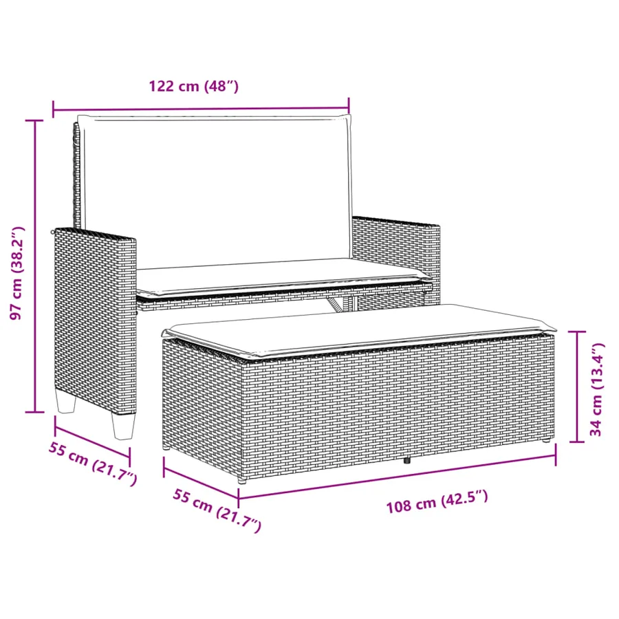 Banc de jardin avec coussins et repose-pied noir résine tressée - 10