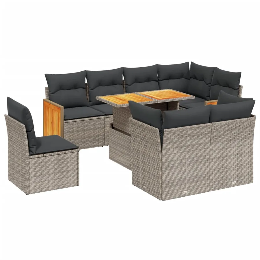Salon de jardin 9 pcs avec coussins gris résine tressée - 2