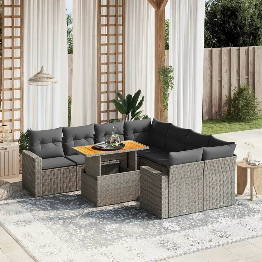 Salon de jardin 9 pcs avec coussins gris résine tressée