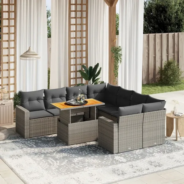 Salon de jardin 9 pcs avec coussins gris résine tressée