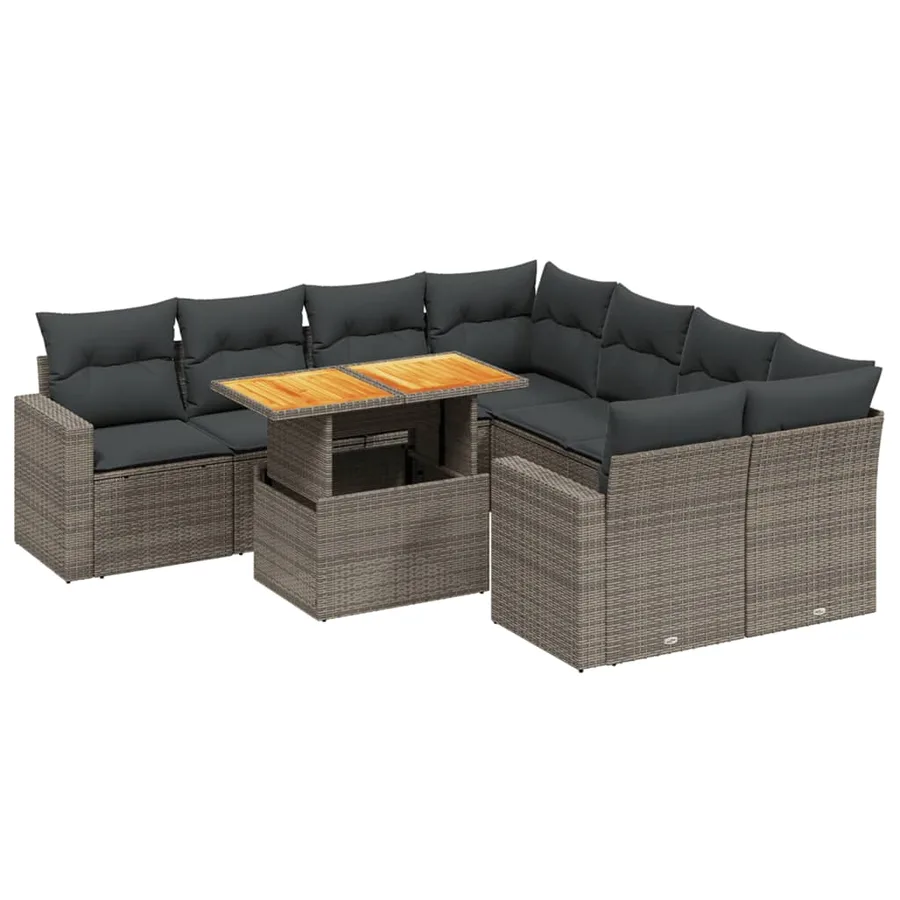 Salon de jardin 9 pcs avec coussins gris résine tressée - 2