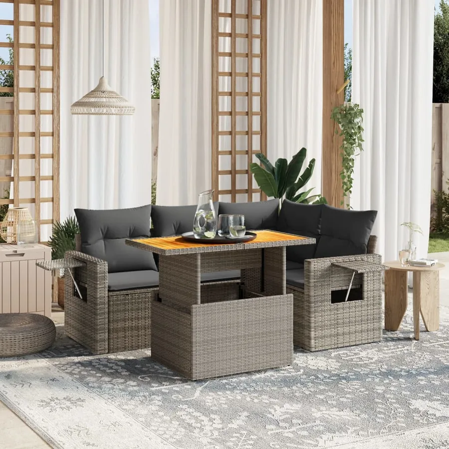 Salon de jardin 5 pcs avec coussins gris résine tressée