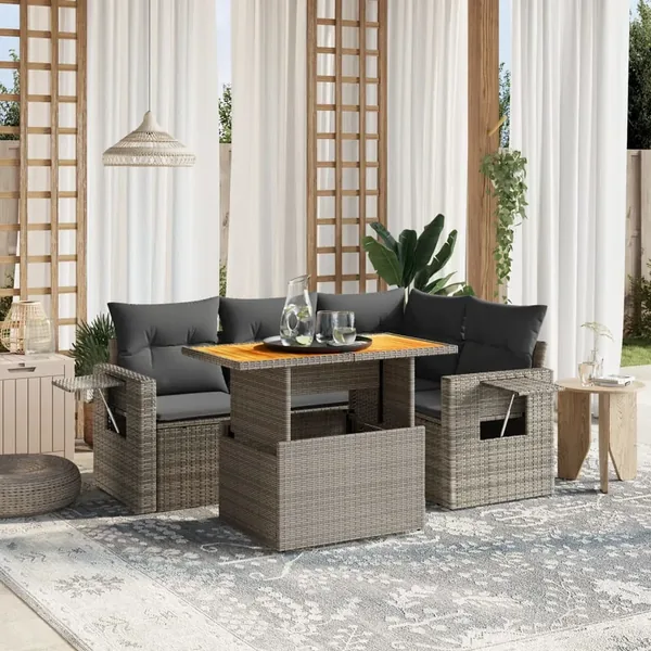 Salon de jardin 5 pcs avec coussins gris résine tressée