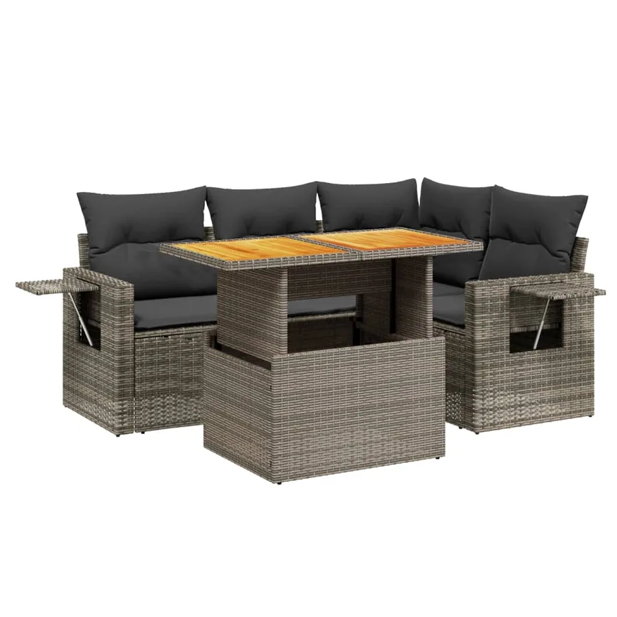 Salon de jardin 5 pcs avec coussins gris résine tressée - 2