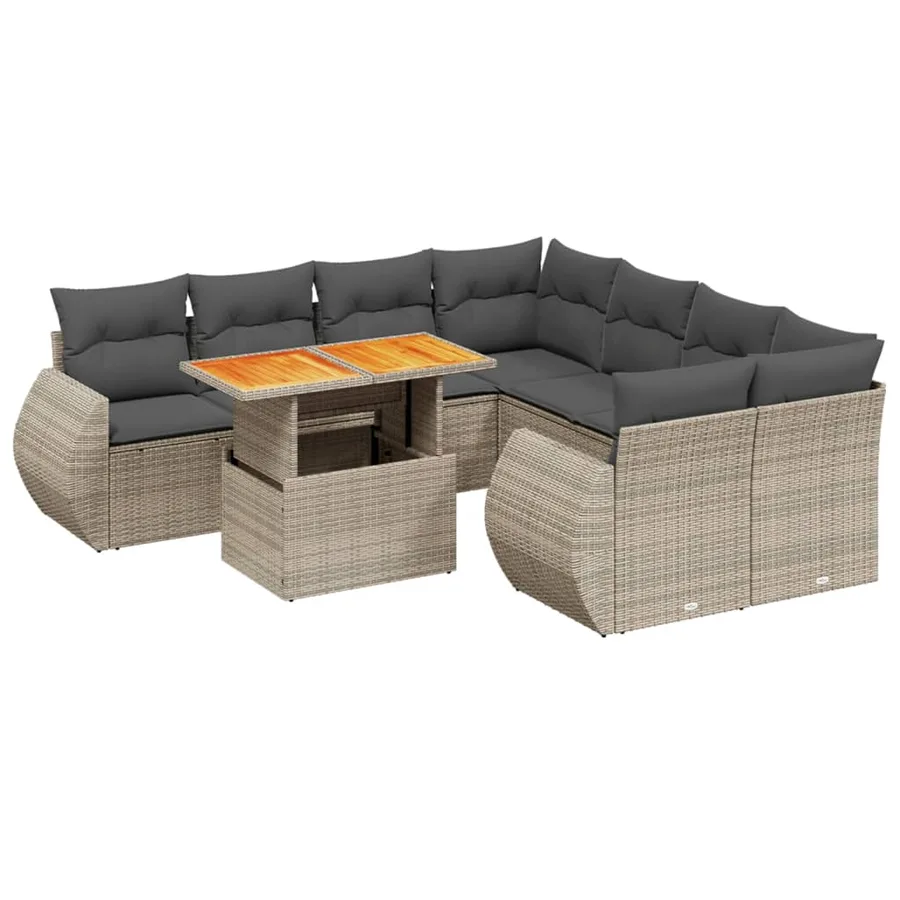 Salon de jardin 9 pcs avec coussins gris résine tressée - 2