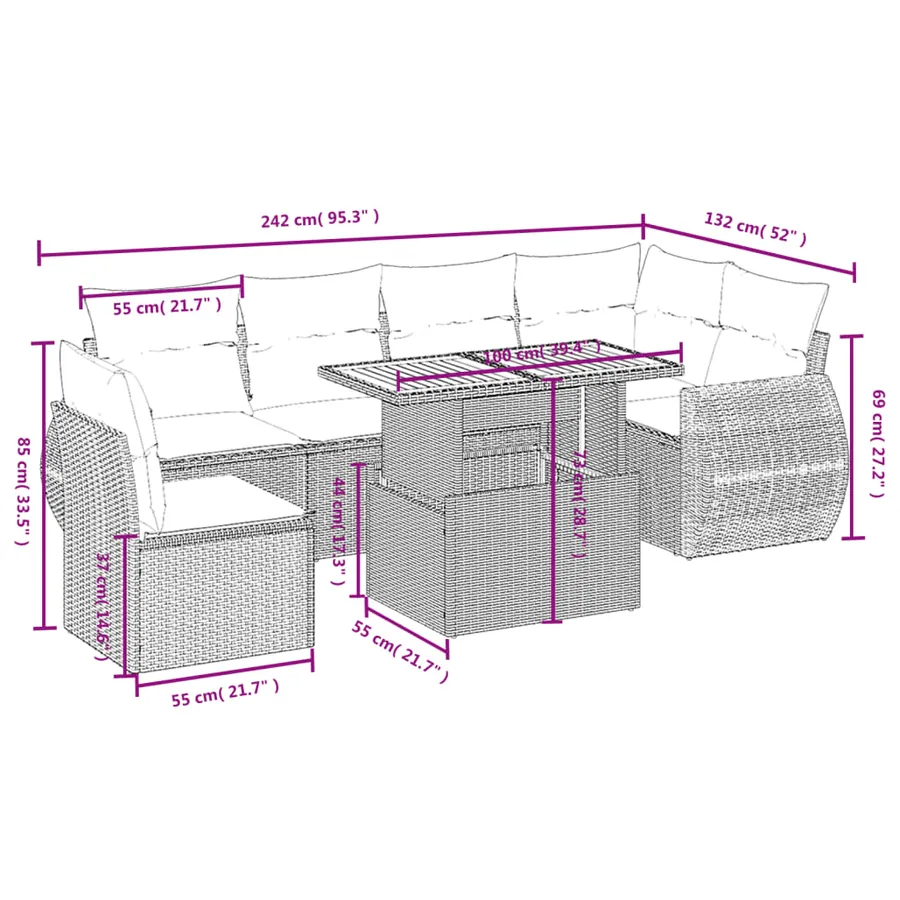 Salon de jardin avec coussins 7 pcs gris résine tressée - 3