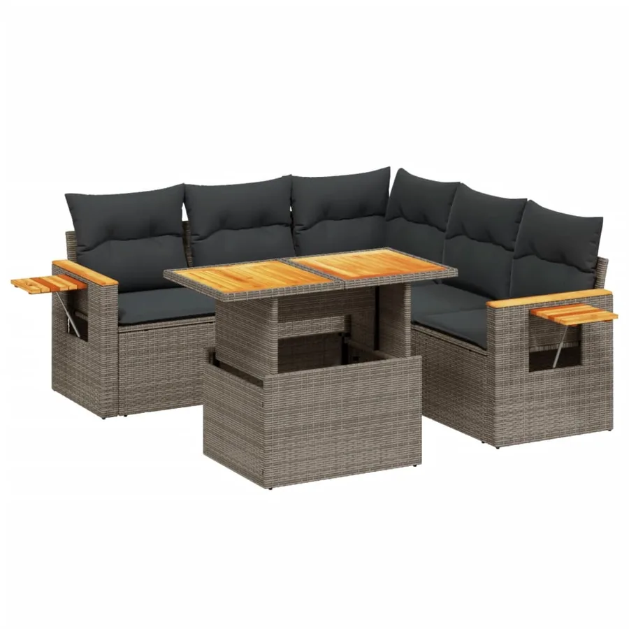 Salon de jardin 6 pcs avec coussins gris résine tressée - 2