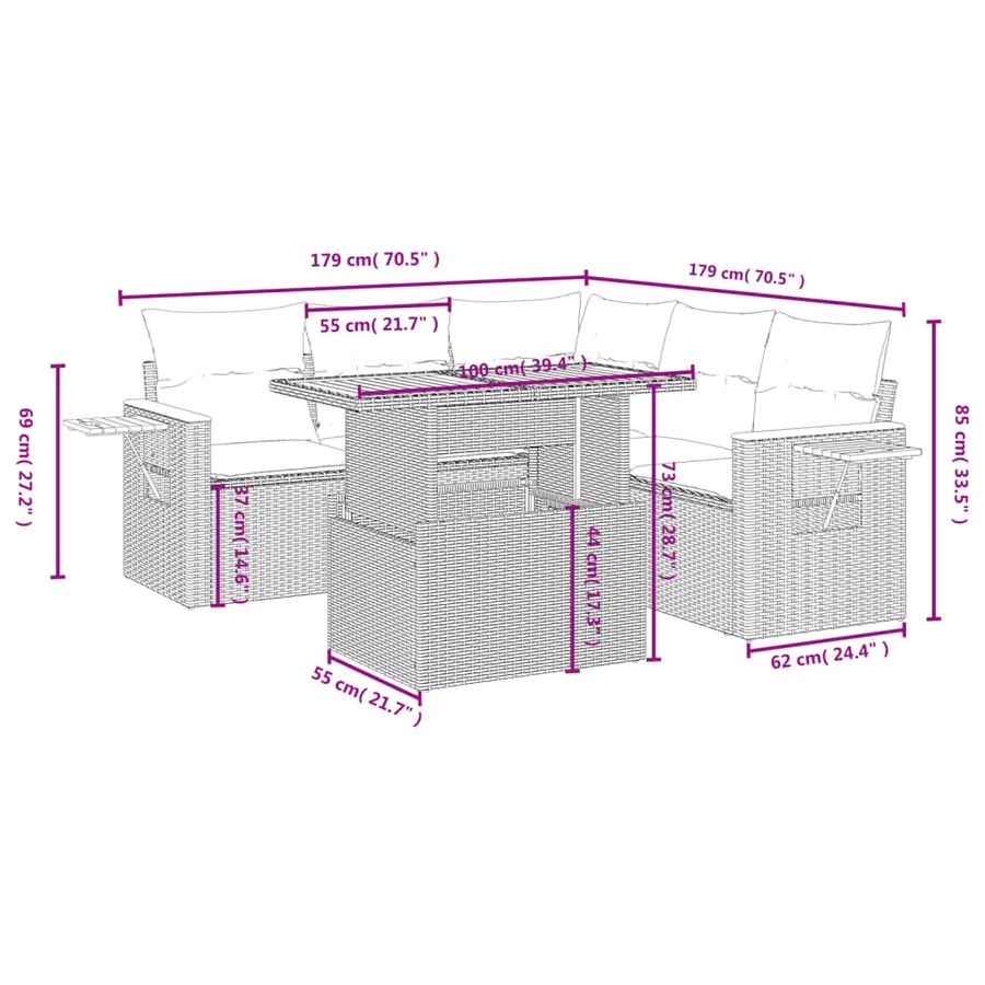Salon de jardin 6 pcs avec coussins gris résine tressée - 3