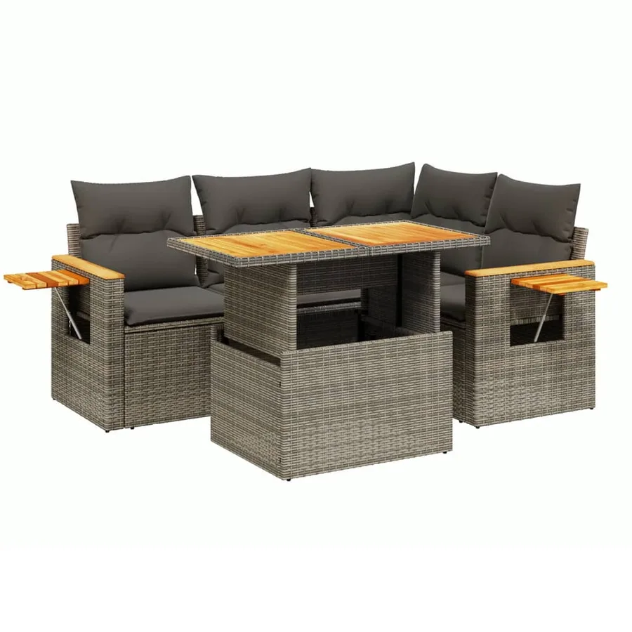 Salon de jardin 5 pcs avec coussins gris résine tressée - 2