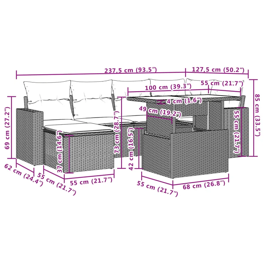 Salon de jardin avec coussins 7 pcs gris résine tressée - 11
