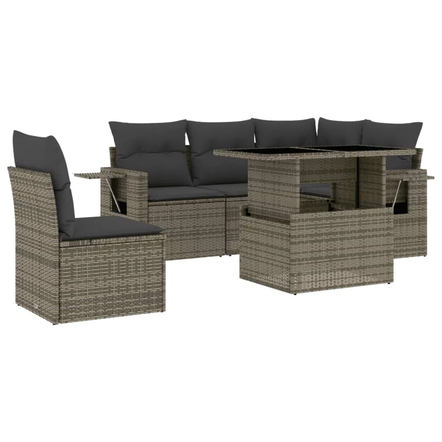 Salon de jardin 6 pcs avec coussins gris résine tressée - 2