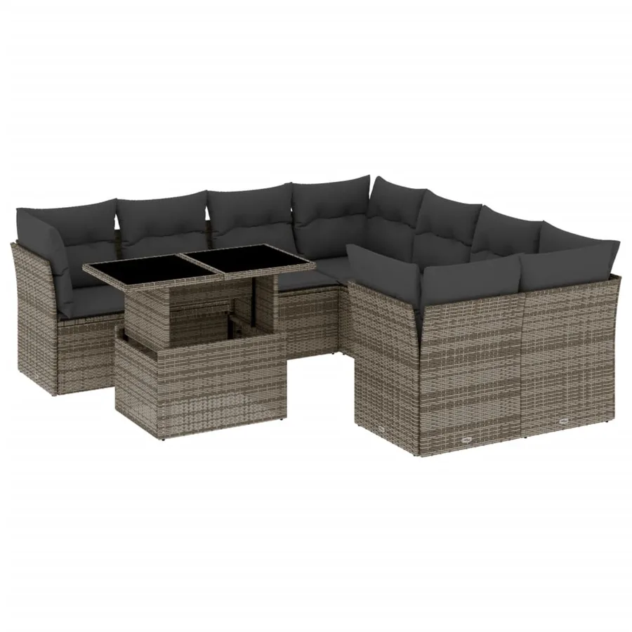 Salon de jardin 9 pcs avec coussins gris résine tressée - 2