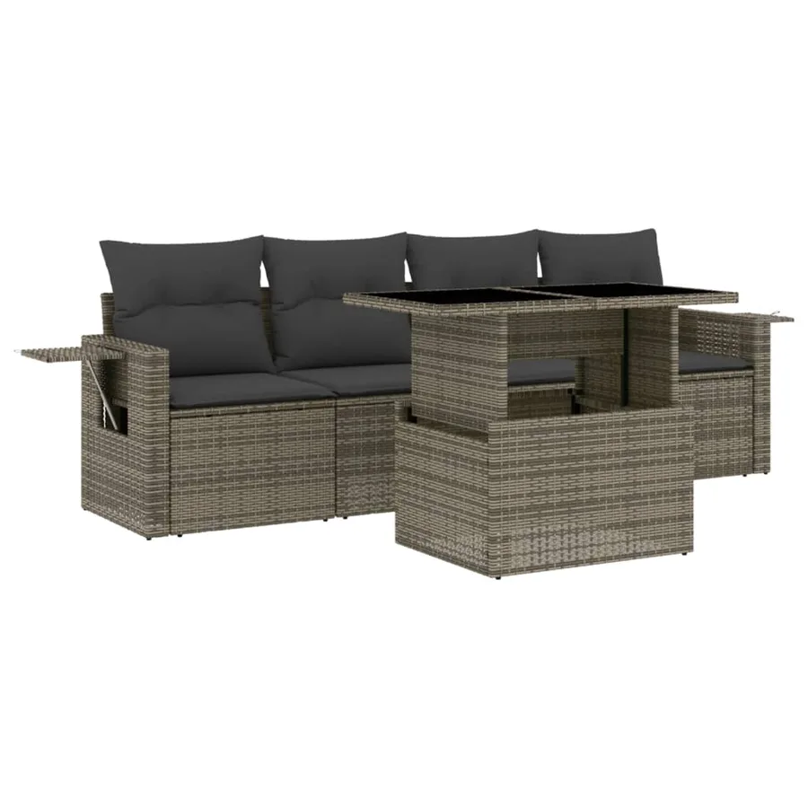 Salon de jardin 5 pcs avec coussins gris résine tressée - 2