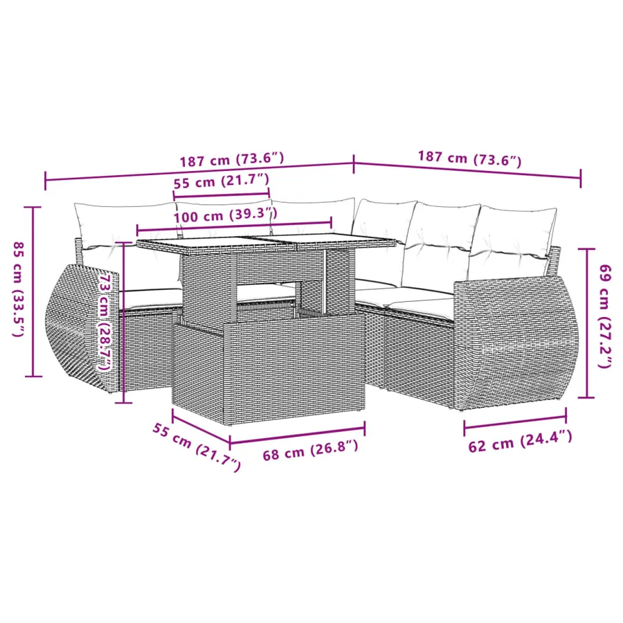 Salon de jardin 6 pcs avec coussins gris résine tressée - 10
