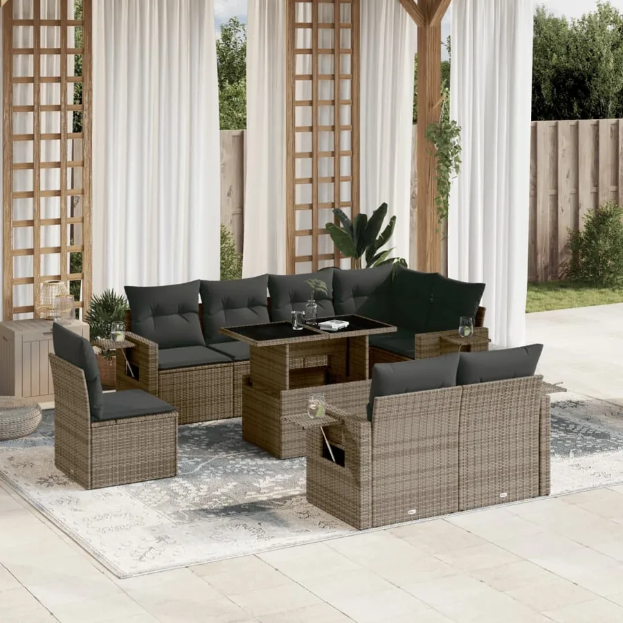 Salon de jardin 9 pcs avec coussins gris résine tressée