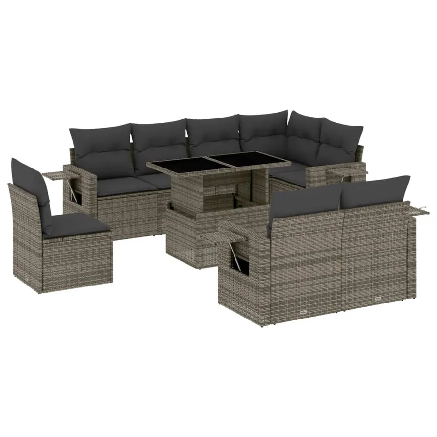 Salon de jardin 9 pcs avec coussins gris résine tressée - 2