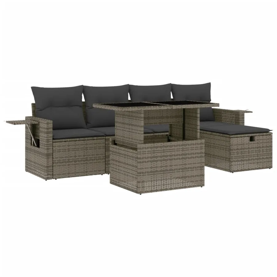 Salon de jardin 6 pcs avec coussins gris résine tressée - 2