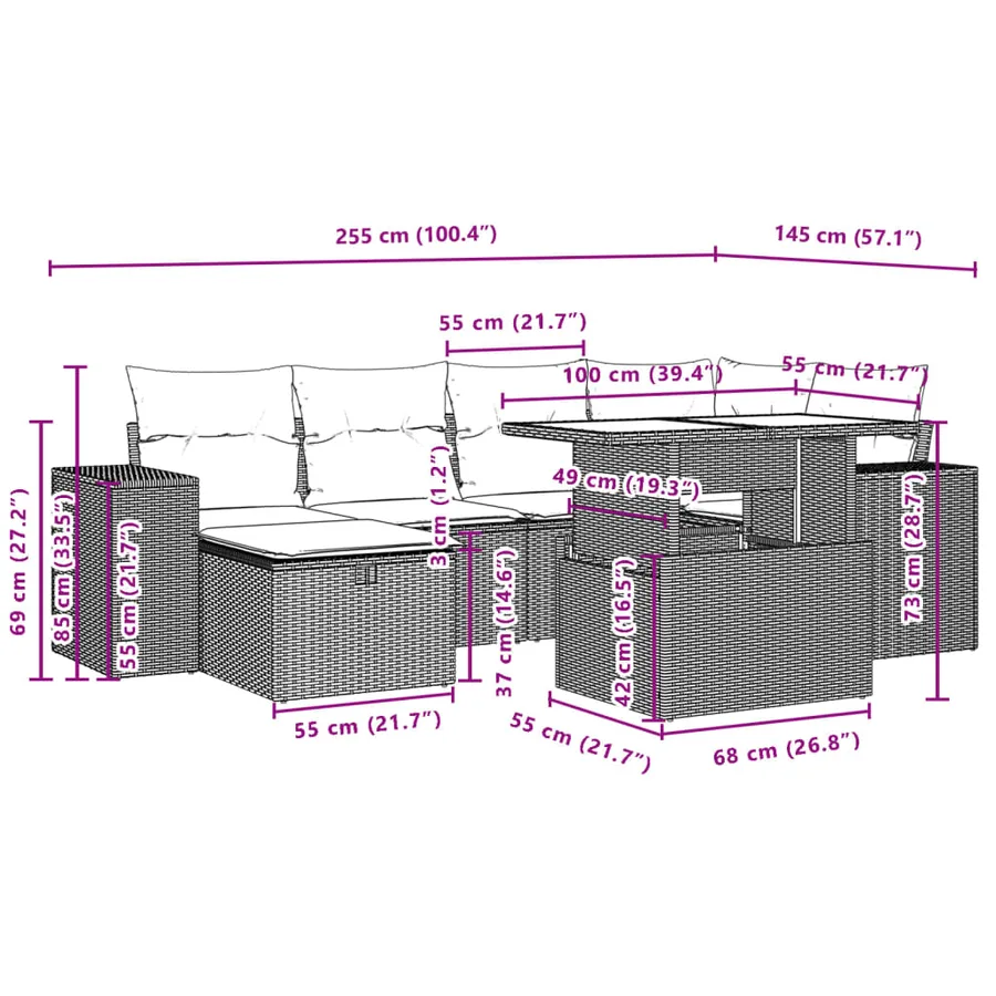 Salon de jardin avec coussins 7 pcs gris résine tressée - 13