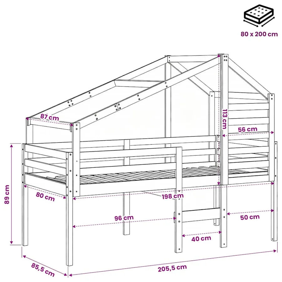 Lit haut sans matelas blanc 80x200 cm bois de pin massif - 12