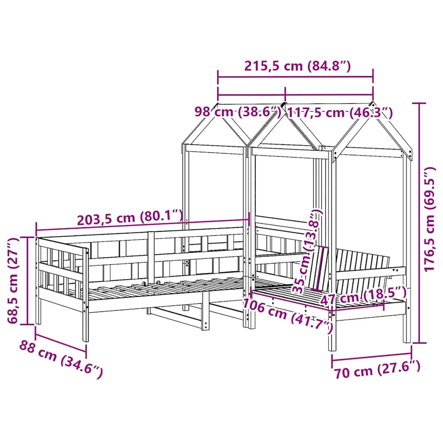 Ensemble de lit de jour avec toit 80x200 cm bois de pin massif - 13