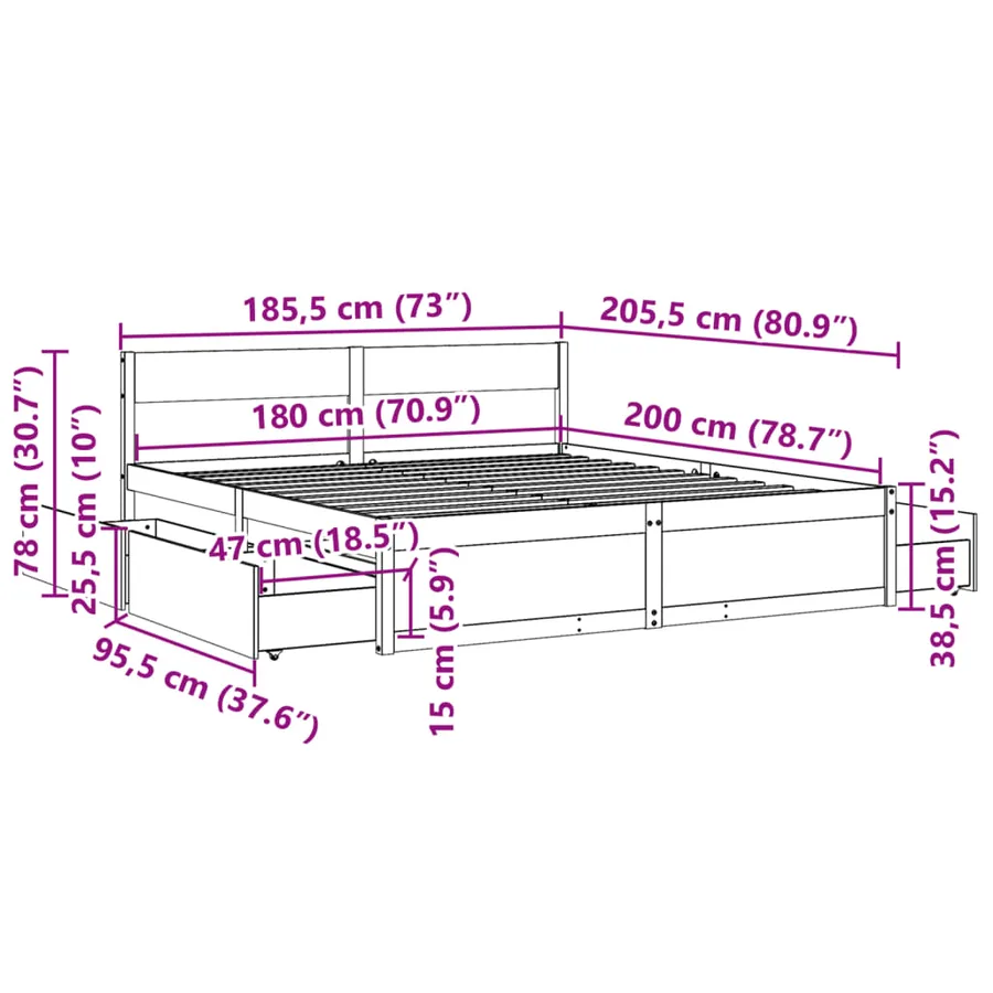 Cadre de lit sans matelas blanc 180x200 cm bois massif de pin - 10