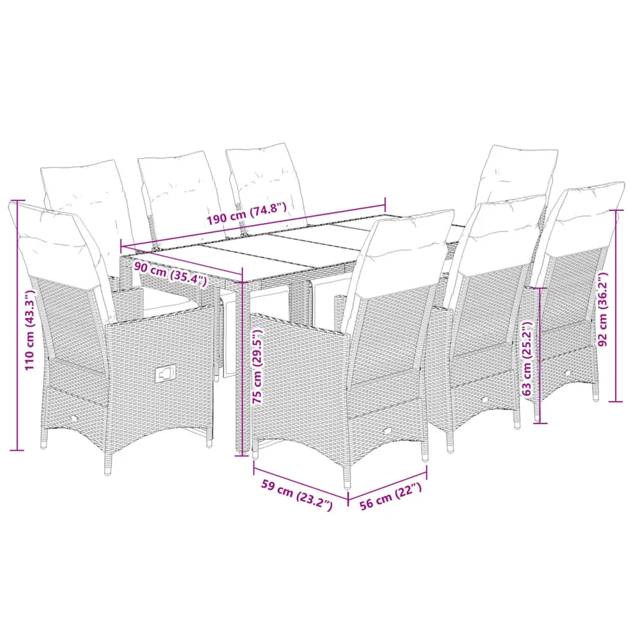 Ensemble de bistro de jardin 9 pcs coussins beige poly rotin - 7