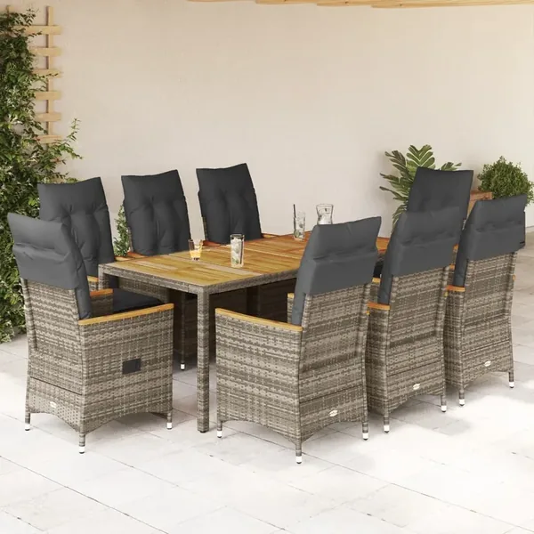 Ensemble à manger de jardin 9 pcs coussins gris résine tressée