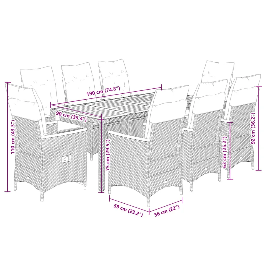 Ensemble à manger de jardin 9 pcs coussins gris résine tressée - 9