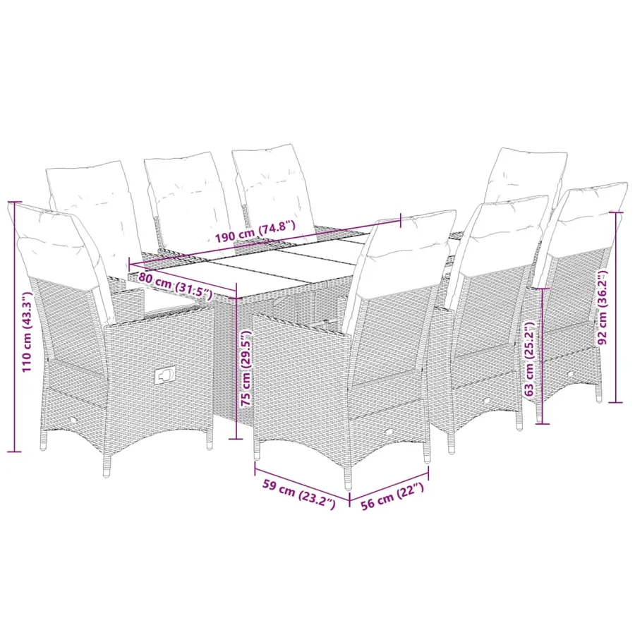 Ensemble à manger de jardin 9pcs coussins noir résine tressée - 7