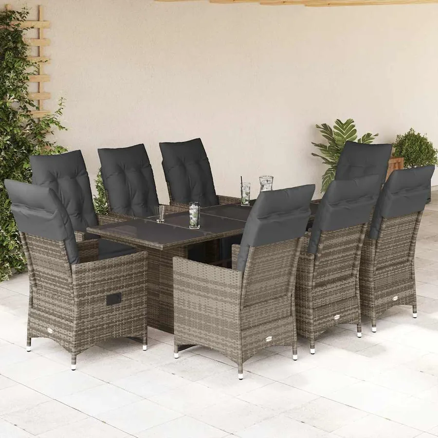 Ensemble de bistro de jardin 9 pcs coussins gris poly rotin