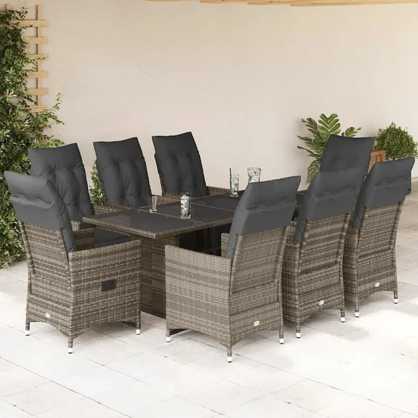 Ensemble de bistro de jardin 9 pcs coussins gris poly rotin